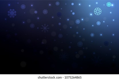 Dark BLUE vector cover with beautiful snowflakes. Shining colored illustration with snow in christmas style. The pattern can be used for new year ad, booklets.