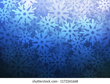 Dark BLUE vector cover with beautiful snowflakes. Snow on blurred abstract background with gradient. The template can be used as a new year background.