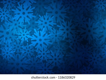 Dark BLUE vector cover with beautiful snowflakes. Snow on blurred abstract background with gradient. The template can be used as a new year background.