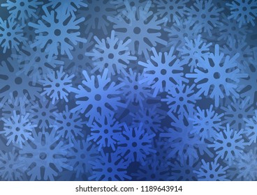 Dark BLUE vector cover with beautiful snowflakes. Snow on blurred abstract background with gradient. New year design for your ad, poster, banner.