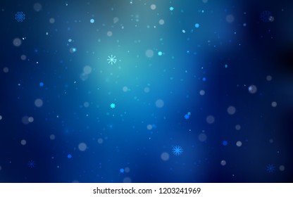 Dark BLUE vector cover with beautiful snowflakes. Snow on blurred abstract background with gradient. New year design for your ad, poster, banner.