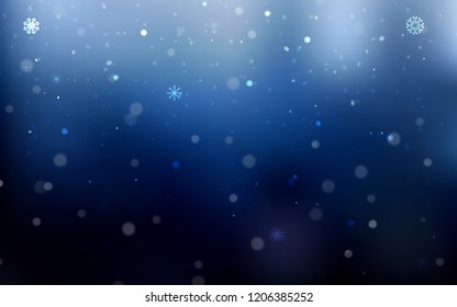 Dark BLUE vector cover with beautiful snowflakes. Snow on blurred abstract background with gradient. The pattern can be used for year new  websites.