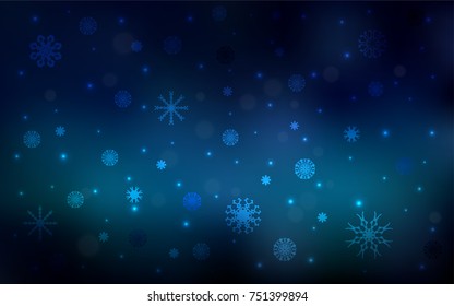Dark BLUE vector cover with beautiful snowflakes. Decorative shining illustration with snow on abstract template. The pattern can be used for new year leaflets.