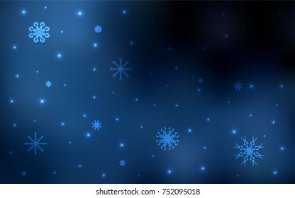 Dark BLUE vector cover with beautiful snowflakes. Snow on blurred abstract background with gradient. New year design for your business advert.
