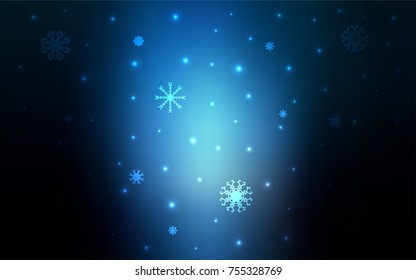 Dark BLUE vector cover with beautiful snowflakes. Shining colored illustration with snow in christmas style. The pattern can be used for year new  websites.