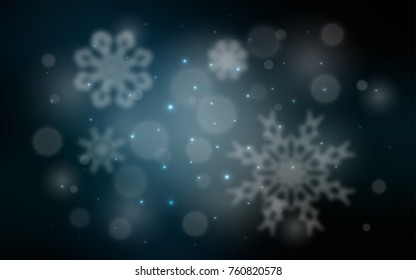 Dark BLUE vector cover with beautiful snowflakes. Snow on blurred abstract background with gradient. The pattern can be used for new year ad, booklets.