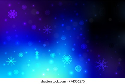 Dark BLUE vector cover with beautiful snowflakes. Blurred decorative design in xmas style with snow. New year design for your business advert.