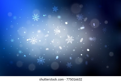 Dark BLUE vector cover with beautiful snowflakes. Snow on blurred abstract background with gradient. New year design for your business advert.