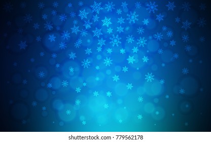 Dark BLUE vector cover with beautiful snowflakes. Shining colored illustration with snow in christmas style. New year design for your business advert.