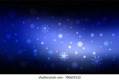 Dark BLUE vector cover with beautiful snowflakes. Blurred decorative design in xmas style with snow. New year design for your business advert.