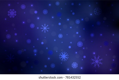 Dark BLUE vector cover with beautiful snowflakes. Snow on blurred abstract background with gradient. New year design for your ad, poster, banner.