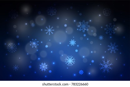Dark BLUE vector cover with beautiful snowflakes. Snow on blurred abstract background with gradient. The template can be used as a new year background.
