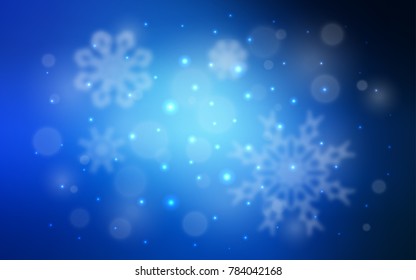 Dark BLUE vector cover with beautiful snowflakes. Snow on blurred abstract background with gradient. New year design for your business advert.