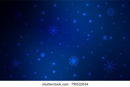 Dark BLUE vector cover with beautiful snowflakes. Shining colored illustration with snow in christmas style. The pattern can be used for year new  websites.