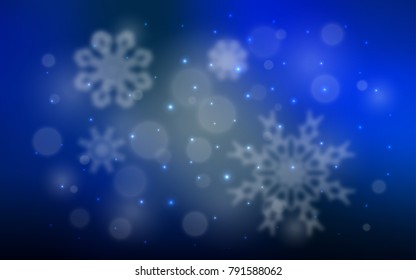 Dark BLUE vector cover with beautiful snowflakes. Blurred decorative design in xmas style with snow. The pattern can be used for year new  websites.