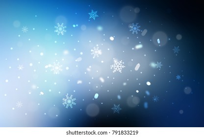 Dark BLUE vector cover with beautiful snowflakes. Blurred decorative design in xmas style with snow. The template can be used as a new year background.