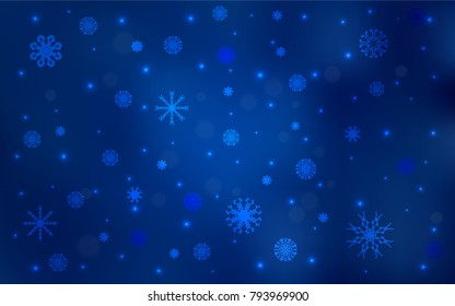 Dark BLUE vector cover with beautiful snowflakes. Snow on blurred abstract background with gradient. The pattern can be used for new year ad, booklets.