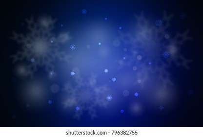 Dark BLUE vector cover with beautiful snowflakes. Blurred decorative design in xmas style with snow. The pattern can be used for year new  websites.