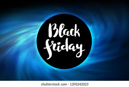 Dark BLUE vector cover with a black hole, nebula. Colorful illustration of a black hole on a starry backdrop. Template for Black Friday sales.