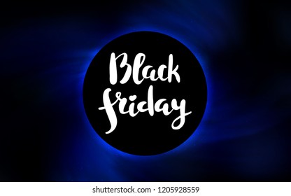 Dark BLUE vector cover with a black hole, nebula. Colorful black hole with shining night sky stars. Template for Black Friday sales.