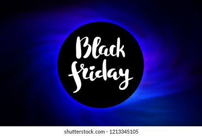 Dark BLUE vector cover with a black hole, nebula. Illustration with colorful milky way stars and a black hole. Backdrop for ads, leaflets of Black Friday.