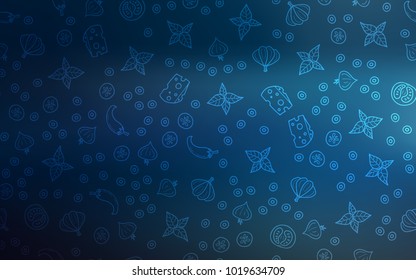 Dark BLUE vector cover with cuisine gourmet. Glitter abstract sketch with gourmet food. Template for meal cooking in kitchen.