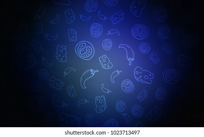 Dark BLUE vector cover with cuisine gourmet. Blurred decorative design of snacks in doodle style. Pattern for ads of breakfast, lunch, dinner.