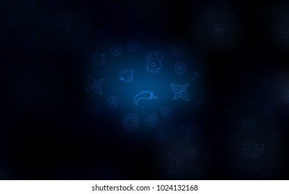 Dark BLUE vector cover with cuisine gourmet. Blurred decorative design of snacks in doodle style. Pattern for ads of breakfast, lunch, dinner.