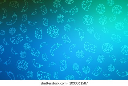 Dark BLUE vector cover with cuisine gourmet. Fast Food on blurred abstract background with colorful gradient. Pattern for ad, booklets, leaflets of restaurants.