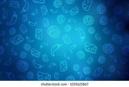 Dark BLUE vector cover with cuisine gourmet. Illustration with set of fresh food in doodle style. Pattern for ads of breakfast, lunch, dinner.