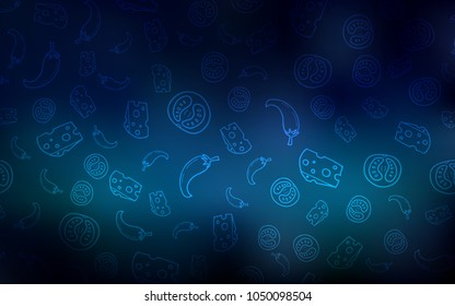 Dark BLUE vector cover with cuisine gourmet. Fast Food on blurred abstract background with colorful gradient. Pattern for menu of cafes, bars, restaurants.