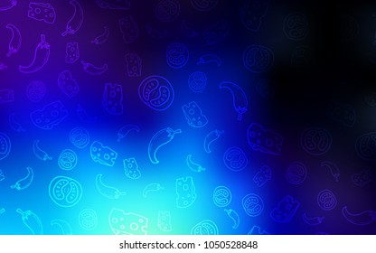 Dark BLUE vector cover with cuisine gourmet. Fast Food on blurred abstract background with colorful gradient. Template for meal cooking in kitchen.