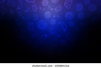 Dark BLUE vector cover with cuisine gourmet. Fast Food on blurred abstract background with colorful gradient. Pattern for ad, booklets, leaflets of restaurants.