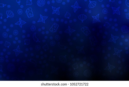 Dark BLUE vector cover with cuisine gourmet. Glitter abstract sketch with gourmet food. Pattern for ad, booklets, leaflets of restaurants.