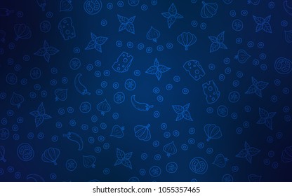 Dark BLUE vector cover with cuisine gourmet. Blurred decorative design of snacks in doodle style. Pattern for menu of cafes, bars, restaurants.