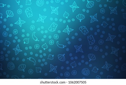 Dark BLUE vector cover with cuisine gourmet. Illustration with set of fresh food in doodle style. Design for ad, poster, banner of cafes or restaurants.