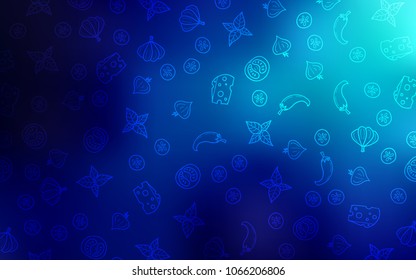 Dark BLUE vector cover with cuisine gourmet. Beautiful colored illustration with food in doodle style. Pattern for menu of cafes, bars, restaurants.