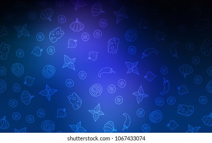 Dark BLUE vector cover with cuisine gourmet. Illustration with set of fresh food in doodle style. Template for meal cooking in kitchen.