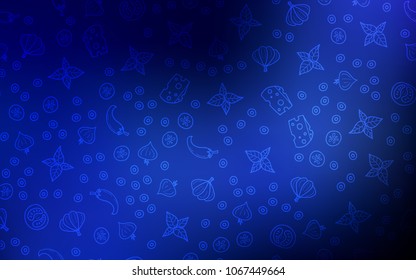 Dark BLUE vector cover with cuisine gourmet. Glitter abstract sketch with gourmet food. Pattern for ads of breakfast, lunch, dinner.
