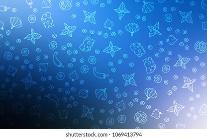 Dark BLUE vector cover with cuisine gourmet. Decorative shining illustration with food on abstract template. Pattern for ad, booklets, leaflets of restaurants.