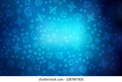 Dark BLUE vector cover with cuisine gourmet. Fast Food on blurred abstract background with colorful gradient. Template for meal cooking in kitchen.