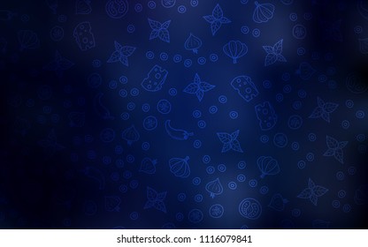 Dark BLUE vector cover with cuisine gourmet. Fast Food on blurred abstract background with colorful gradient. Pattern for menu of cafes, bars, restaurants.