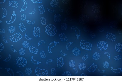 Dark BLUE vector cover with cuisine gourmet. Illustration with set of fresh food in doodle style. Pattern for ads of breakfast, lunch, dinner.