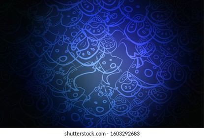 Dark BLUE vector cover with cuisine gourmet. Blurred decorative design of snacks in doodle style. Pattern for ads of breakfast, lunch, dinner.