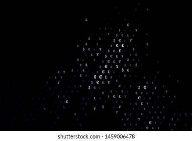 Dark BLUE vector cover with EUR, JPY, GBP signs. Blurred design in with symbols of EUR, JPY, GBP. The pattern can be used for ad, booklets, leaflets of banks.