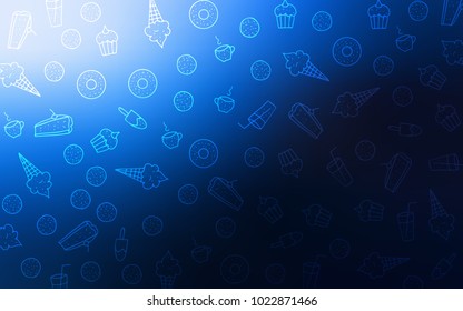 Dark BLUE vector cover with set of confections. Decorative shining illustration with sweets on abstract template. Pattern for ad, booklets, leaflets of restaurants.