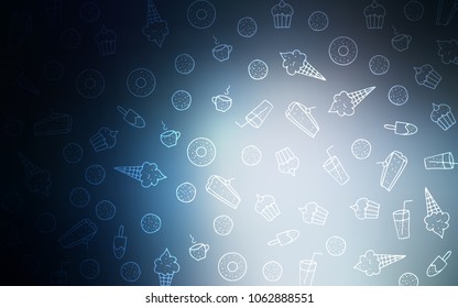 Dark BLUE vector cover with set of confections. Blurred decorative design of desserts in doodle style. Pattern for ads of breakfast, lunch, dinner.