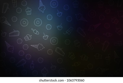 Dark BLUE vector cover with set of confections. Decorative shining illustration with sweets on abstract template. Pattern for ad, booklets, leaflets of restaurants.
