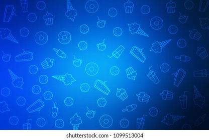 Dark BLUE vector cover with set of confections. Beautiful colored illustration with candies in doodle style. Template of children's food in cafe.