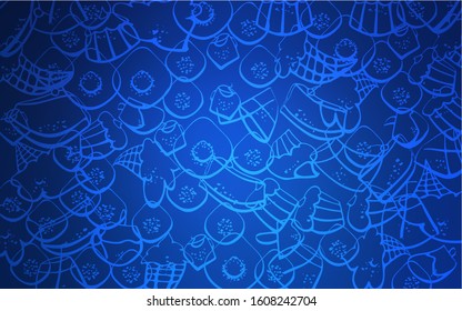 Dark BLUE vector cover with set of confections. Decorative shining illustration with sweets on abstract template. Doodle design for your business advert of cafes.
